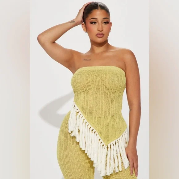 NEW!! Fashion Nova Tell Me About It Chartreuse Fringe Scarf Top - Picture 1 of 6